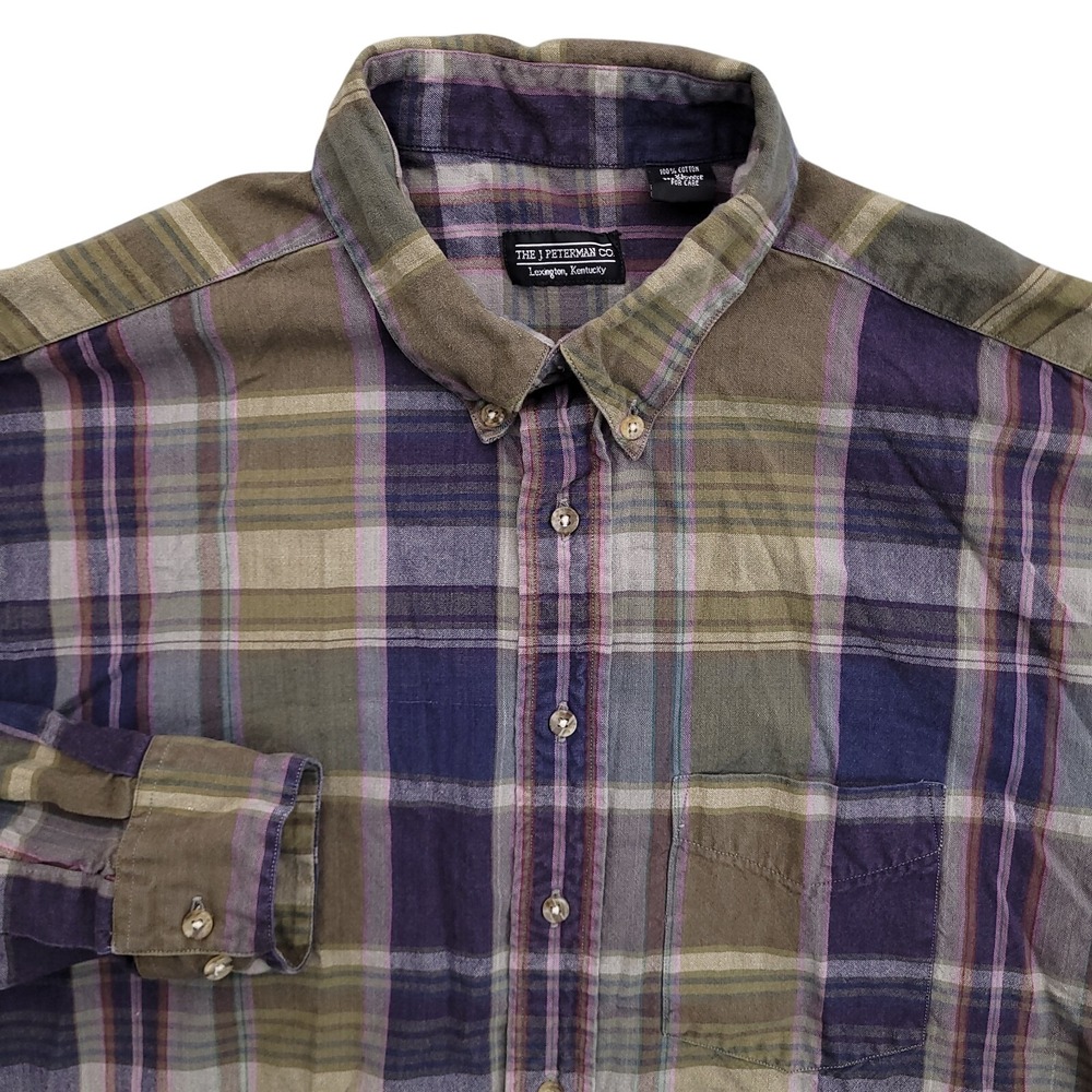 J Peterman Shirt Mens XL Green‎ Blue Indian Madras Plaid Cotton Button Up
